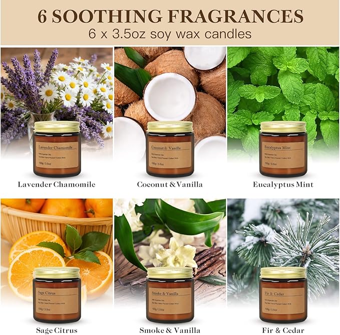 6-Pack Scented Candles for Home, 3.5 Oz Soy Wax Candles Gift Set with Lavender Chamomile & Eucalyptus Mint for Brithday Gifts Women, HomeMeditation & Spa