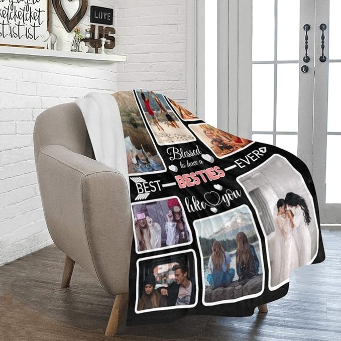 Custom Blanket Gifts for Besties, Customized Blankets with Photos, Make a Personalized Bed Throws to My Besties, Custom Souvenir Throw Blanket for Best Besties Ever, 8 Collages Made in USA