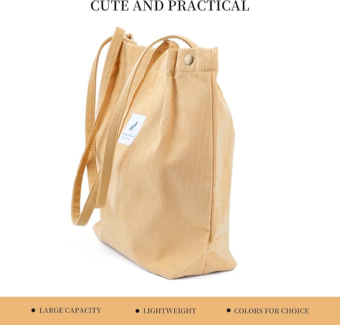 Corduroy Tote Bag Cute Tote Bags for Women Shoulder Bag with Inner Pocket for Work Beach Travel and Shopping Grocery