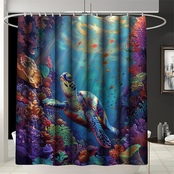 4 Pcs Ocean Themed Shower Curtain - Sea Turtle Shower Curtain Set Ocean Shower Curtain for Bathroom Sea Turtle Shower Curtain Set with Rug,Toilet Cover and Bath Mat with 12 Hooks