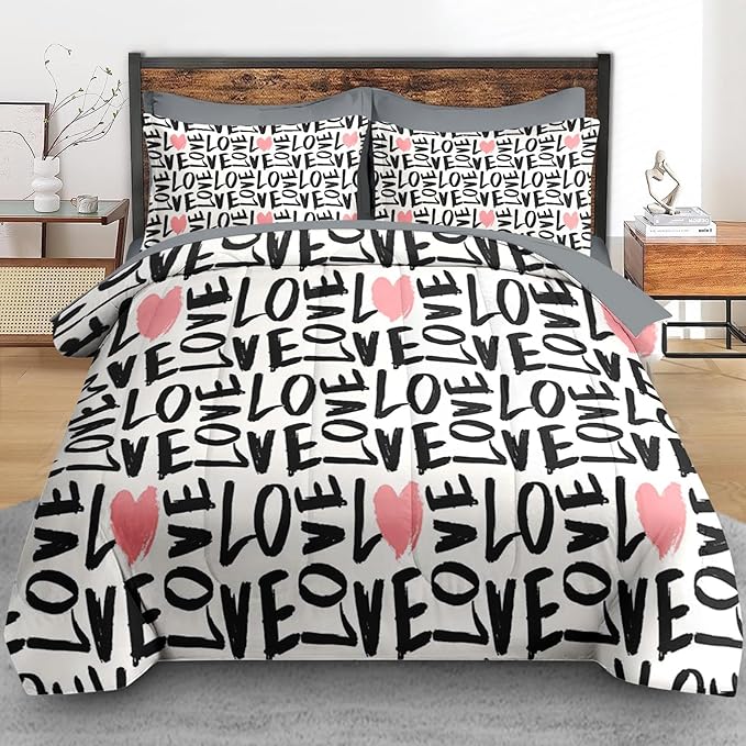 Comforter Set Twin Size, Love Heart 5 Pcs Bedding for Kids and Adults, Black and Pink Bedding Sets with Fitted Sheet Pillowcase & Sham for Bedroom Bed Decor