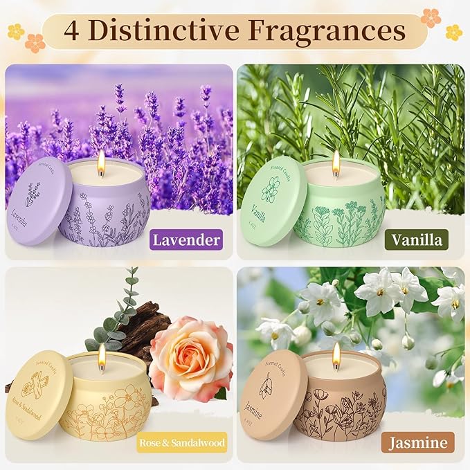 Scented Candles for Mom, 17.6oz Romantic Jar Candles for Women Girl Candle Set, 120H Burning, Soy Candle for Home Scented, Valentine, Birthday, Lavender | Vanilla | Rose & Sandalwood | Jasmine -4 Pack