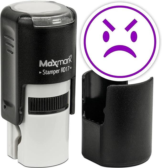 MaxMark Round Self Inking Emoji Stamp - Angry - Purple Ink