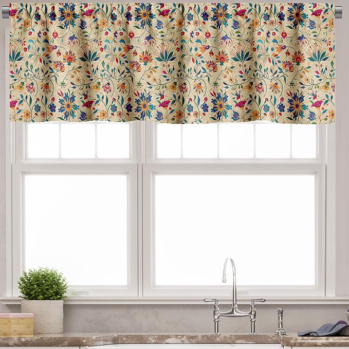 Ambesonne Floral Valance & Tier Curtain 3 pcs Set, Traditional Balkan Flowery Motifs Ornate Paint Print on Beige Background, Window Treatments for Kitchen Room Decor, 55" x 36", Blue Orange Multicolor