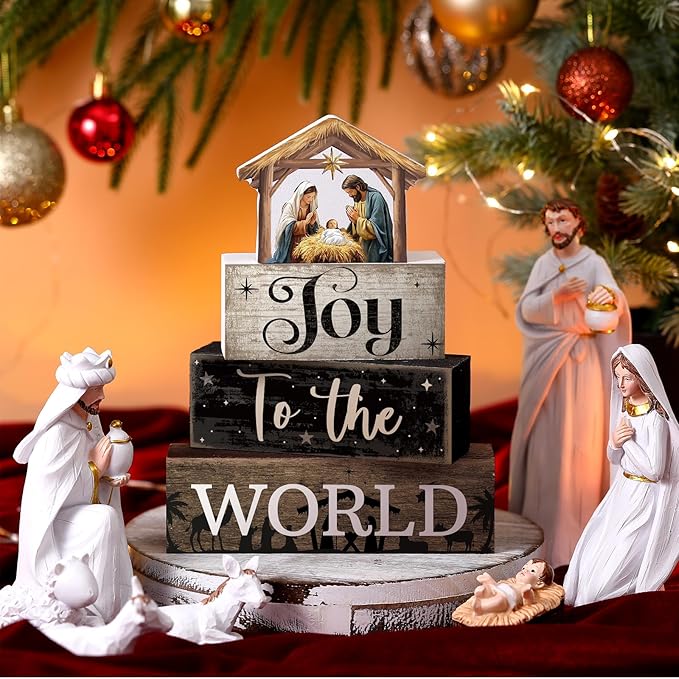 4 Pcs Christmas Table Decor Wooden Christian Religious Decoration Nativity Scene Centerpiece Joy to the World Tiered Tray Decor Farmhouse Xmas Decoration for Kitchen