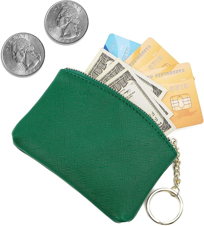 WOZEAH Artificial Leather Coin Purse Change Purse With Key Chain Ring Zipper For Men Women (Green)