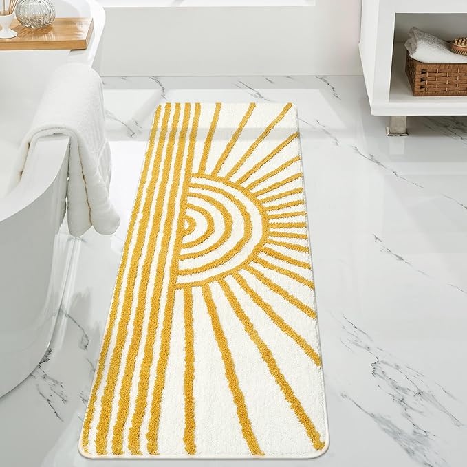 Uphome Bathroom Runner Rug, Yellow and White Sun Long Bath Mat, Non Slip Water Absorbent Bath Rug, Modern Minimalism Aesthetic Machine Washable Bathroom Floor Mat for Bathtub Sink Laundry, 20x59 inch