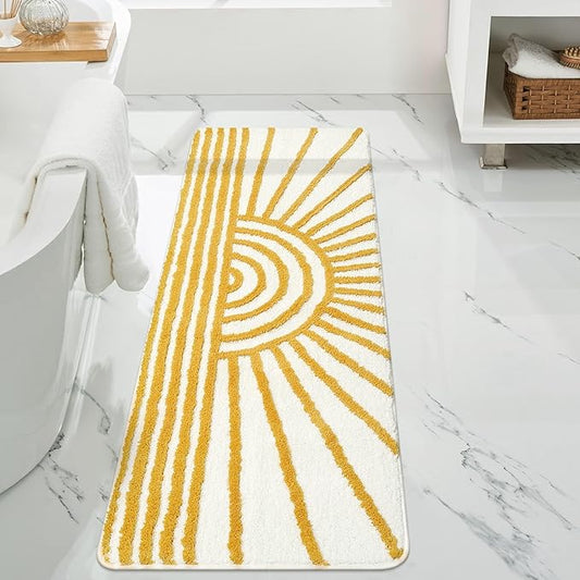 Uphome Bathroom Runner Rug, Yellow and White Sun Long Bath Mat, Non Slip Water Absorbent Bath Rug, Modern Minimalism Aesthetic Machine Washable Bathroom Floor Mat for Bathtub Sink Laundry, 20x59 inch