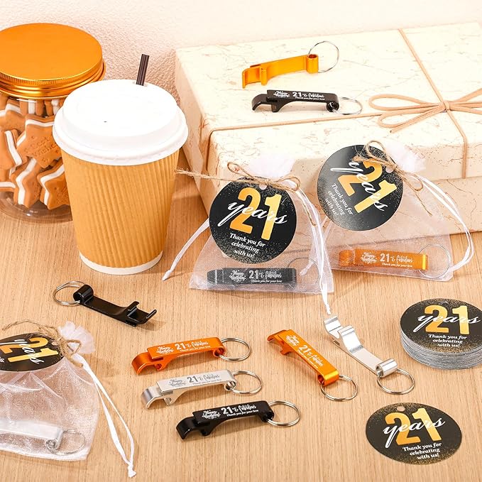 Dandat 54 Sets 21th Birthday Party Favors for Guests Birthday Beer Opener Keychain Cheers to 21 Bottle Opener Keychain with Thank You Cards and Gift Bags for Anniversary Wedding Party Favors