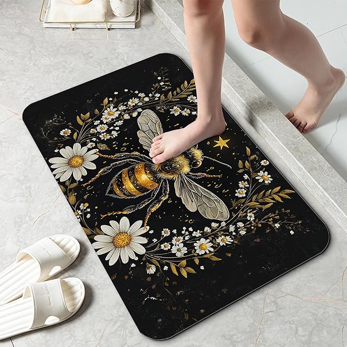 Vintage Bee Flowers Bathroom Rug 29.5"x17", Super Absorbent Fast Drying Bath Mat with Non-Slip Rubber Backing, Thin Low-Profile Easy-Clean Bathroom Floor Mat for Shower or Tub