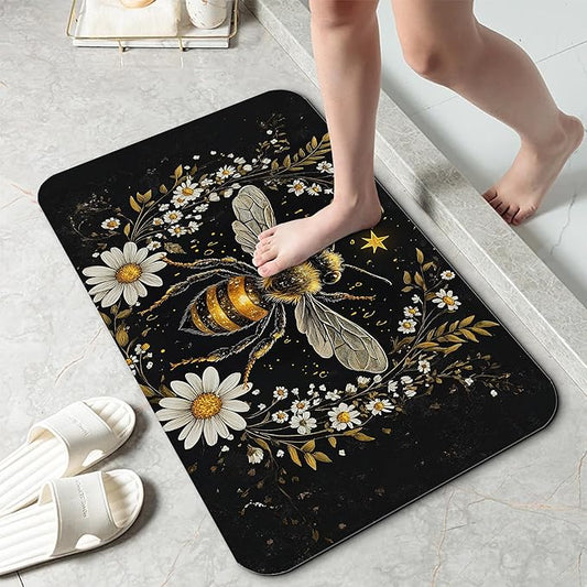 Vintage Bee Flowers Bathroom Rug 29.5"x17", Super Absorbent Fast Drying Bath Mat with Non-Slip Rubber Backing, Thin Low-Profile Easy-Clean Bathroom Floor Mat for Shower or Tub