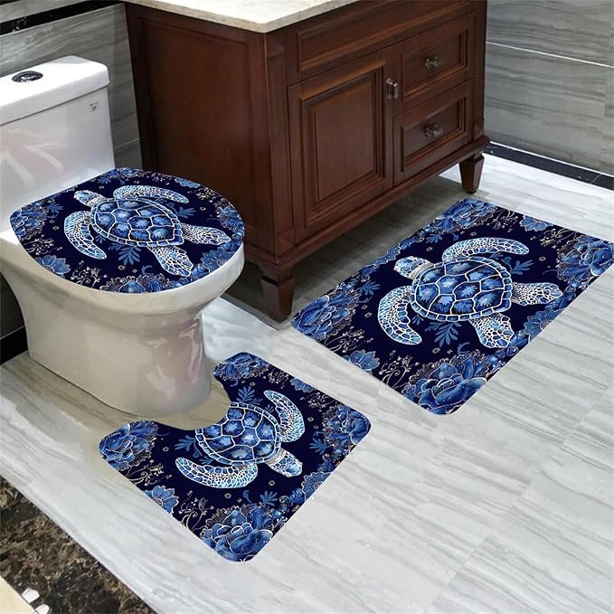 4 Pcs Sea Turtle Shower Curtain - Cartoon Animal Shower Curtain Ocean Theme Curtain with Rug,Toilet Cover and Bath Mat with 12 Hooks