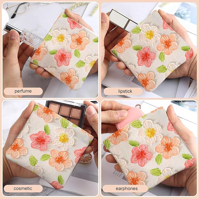 2Pcs PU Leather Small Squeeze Coin Purse Pouch Mini coin Bag Unique And Cute Wallet Cosmetic Bags Change Bag For Women Girls Men （Pink and Yellow Flowers L