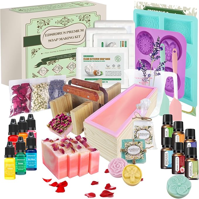 EDSRDRUS Soap Making Kit Series - Soap Making Supplies with Glycerin Soap Base, Silicone Molds, Fragrance Oils, Pigments & More (Green Advanced Soap Making Kit)
