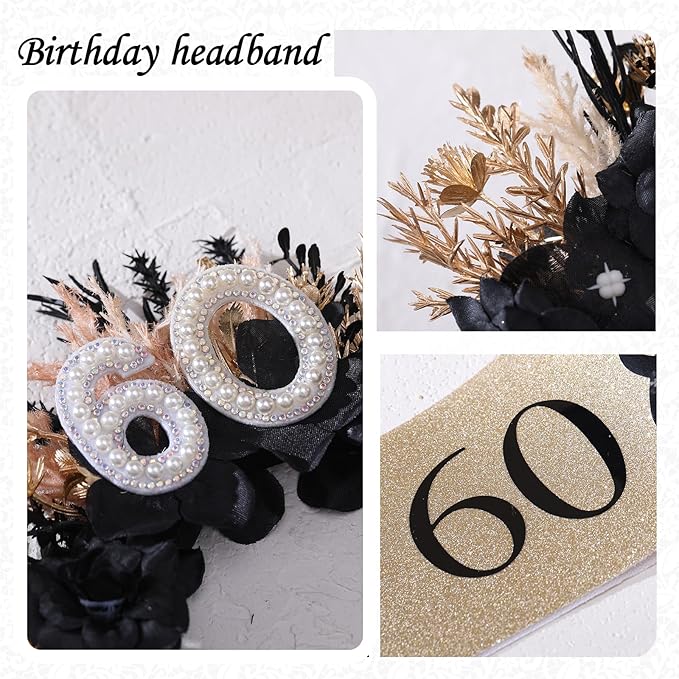 Flower Black Birthday Headband - Dark Happy Birthday Crown and Sash Set for Women Fabulous Party Accessories