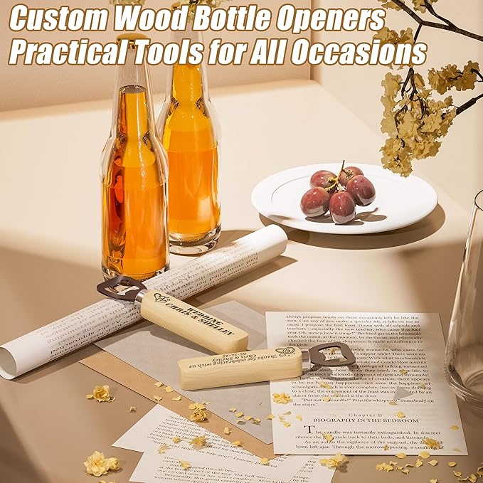 15-100 Custom Wood Bottle Opener, Personalized Wood Beer Bottle Opener with Handle Laser Engraved with Text Logo Photo for Wedding, Bar, Brewery, Anniversaries, Party, Events & Promotional Gift