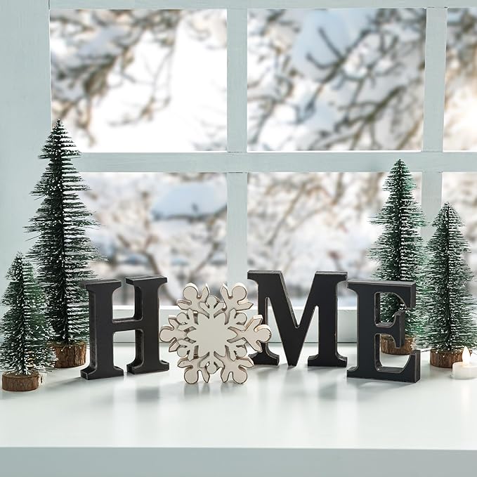Glitzhome Interchangeable Home Table Signs with 13 Pcs Seasonal Icons, Wooden Changeable Home Sign for Holiday Decor, HOME Letter Sign Ornaments Set Interchangeable Holiday Decorative Shelf Blocks