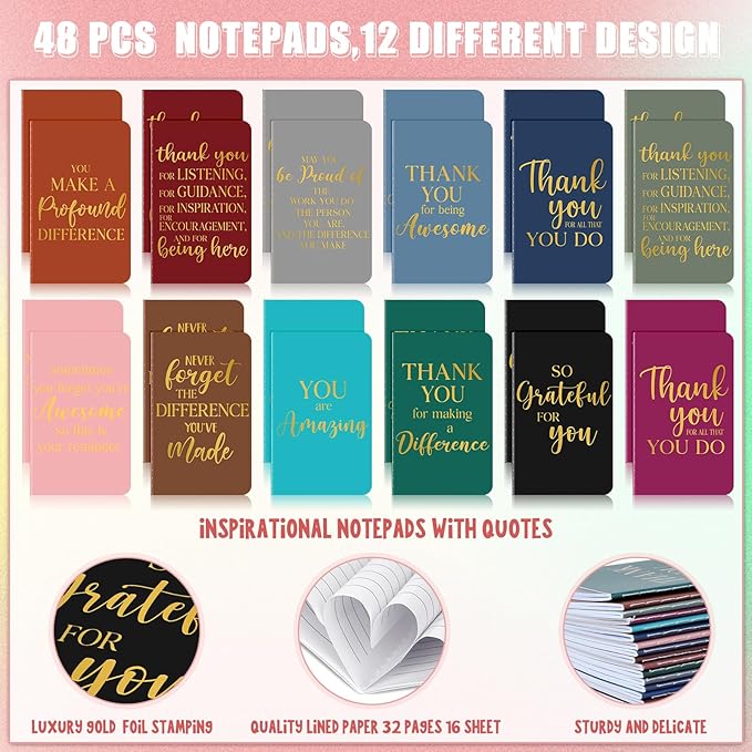 96 Pcs Thank You Gifts Bulk Motivational Pens Inspirational Notepads Set, Mini Motivational Notebooks and Ballpoint Pens, Inspirational Appreciation Gifts for Employee Teacher Staff Volunteer Coworker