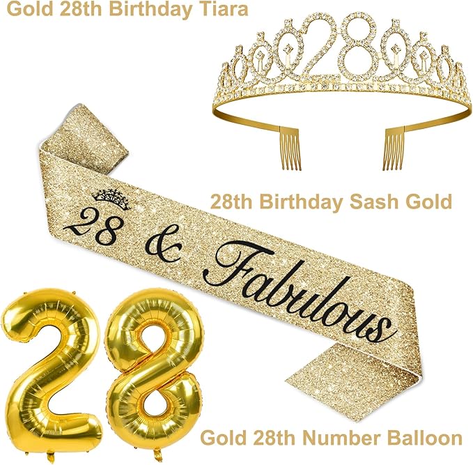 28th Birthday Decorations for Women Gold with Tiara, Sash, Cake Topper, Candles, Balloons, 28th Birthday Gifts for Women