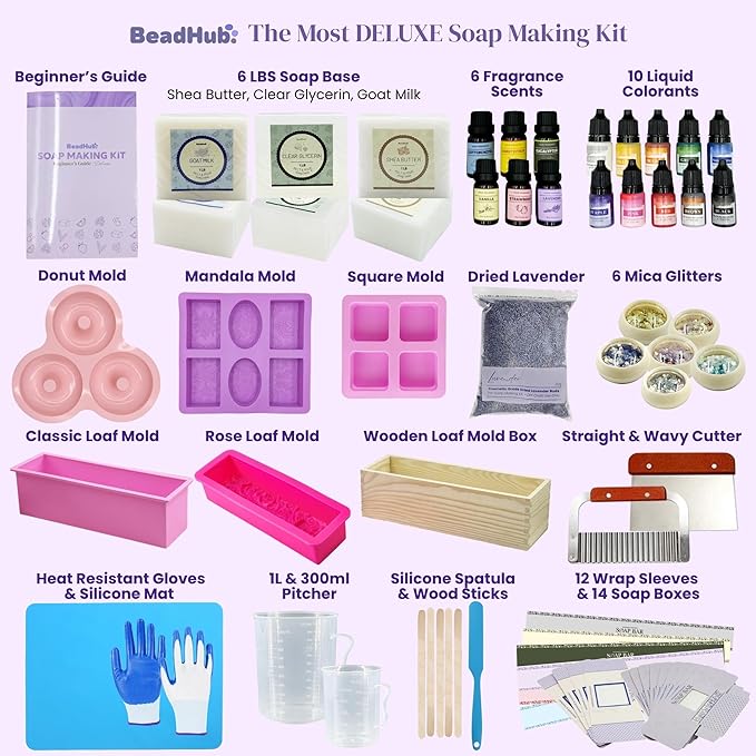 Soap Making Kit for Beginners | 6LBS Melt & Pour Soap Base - Shea Butter, Clear Glycerin & Goat Milk, All-in-one Soap Kit w/Molds, Fragrances, Colors, Soap Making Tools & Supplies for Adults (Deluxe)