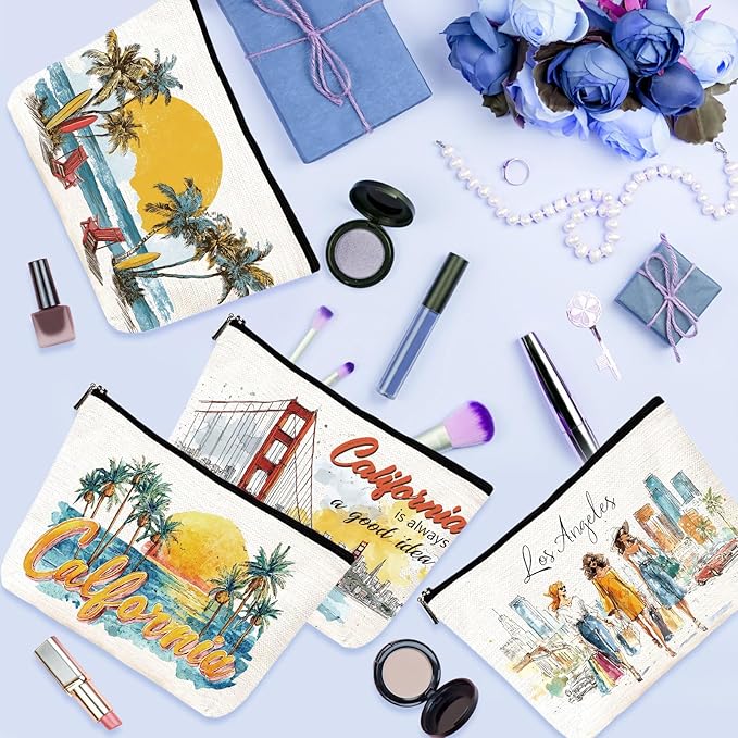 California Travel Essentials Gifts - 4Pcs California Souvenirs Makeup Bags with Zipper, City Trip Vacation Cosmetic Toiletry Pouch for Women Girls Besties Friends Birthday Christmas Gifts