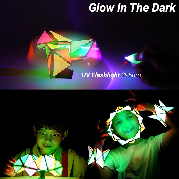 TOSY Magnet Pyramid Glow - 1 Cube Transforms into 1 Billion Shapes, 15 pcs (12 Puzzle pcs & 3 Accessories), 243 Magnets, Glowing, Christmas Stocking Stuffers Gift for Kids, Creative Puzzle STEM Toy