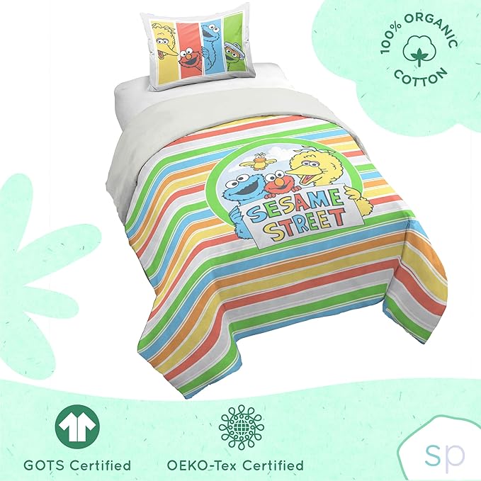 Saturday Park Sesame Street Twin Duvet Cover and Sham Set - Elmo and Cookie 2 Piece 100% Organic Cotton Duvet Set - GOTS & Oeko-TEX Certified