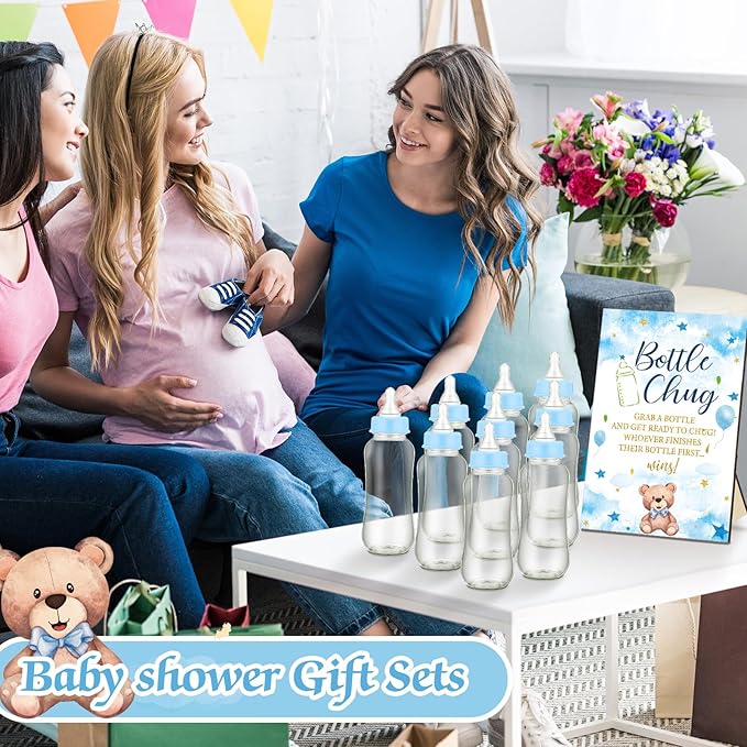 TrelaCo Cool Baby Shower Games Bottle Chug Sign Wooden Blue Bear Theme Gift Sets Gender Reveal Party Favors and 12 Pcs Baby Bottle Shower Favor for Gender Reveal