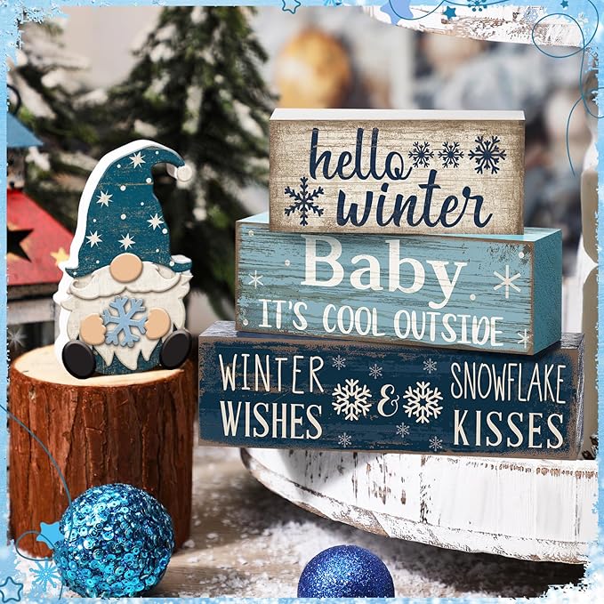 4 Pcs Winter Table Decorations Blue and White Gnome Snowflake Decor Winter Tiered Tray Decor Christmas Centerpiece for Tables Wooden Decorative Gnome Signs Gifts for Kitchen Office Home