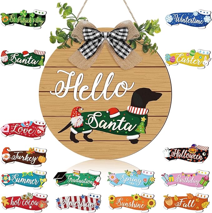 Glenmal 16 Pcs Seasonal Dachshund Door Decor for All Season and Holiday Hanging Cute Christmas Dachshund Welcome Sign Rustic Wooden Farmhouse Front Door Signs Outdoor(Brown)