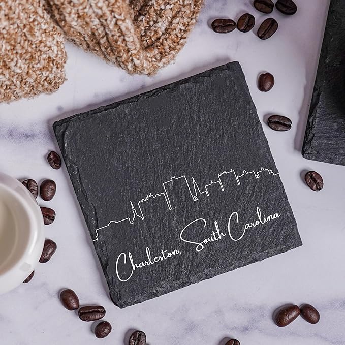 Blue Ridge Mountain Gifts - Charleston SC Skyline Coasters, Set of 4 - Charleston South Carolina Souvenir, Slate Coasters with Minimalist Skyline, Housewarming Gift for Friends, Family, & Neighbors