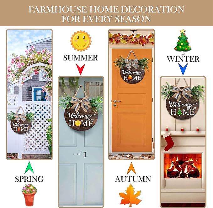 Interchangeable Welcome to Our Home Sign, Equipped with 16 Replaceable Icons, Farmhouse Front Door Signs Wooden Wreath Suitable for All Seasons Holiday Halloween Christmas (12x12 Inch)