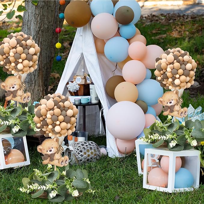 12 Set Baby Shower Bear Table Centerpieces Decortion Brown Bear with Eucalyptus Wreath Wood Slices Welcome Baby Table Topper for Gender Reveal Boy Or Girl Party Favor