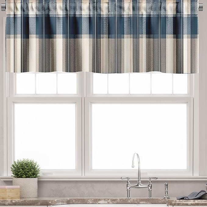Ambesonne Farmhouse Valance & Tier Curtain 3 pcs Set, Cottagecore Farm Life Pattern with Tartan Rooster Barn and Garden, Window Treatments for Kitchen Room Decor, 55" x 30", Slate Blue Orange Green