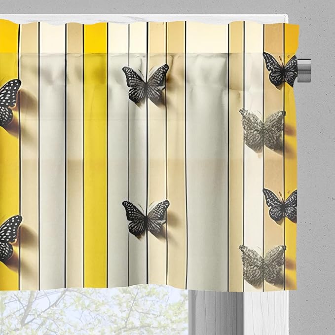 Ambesonne Summer Valance & Tier Curtain 3 pcs Set, Dotted Butterflies with Stripes and Blossoming Daisy Meadow Print, Window Treatments for Kitchen Room Decor, 55" x 30", Yellow Reseda Green and Beige