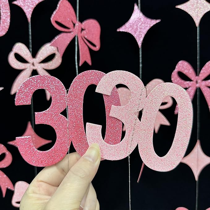 Glitter Pink 30th Bow Birthday Decorations Hot Pink Conquette Bow Garland Streamer Banner Backdrop for Womens Happy 30th Birthday Dirty Thirty Cheers to 30 Years Old Anniversary Party Supplies