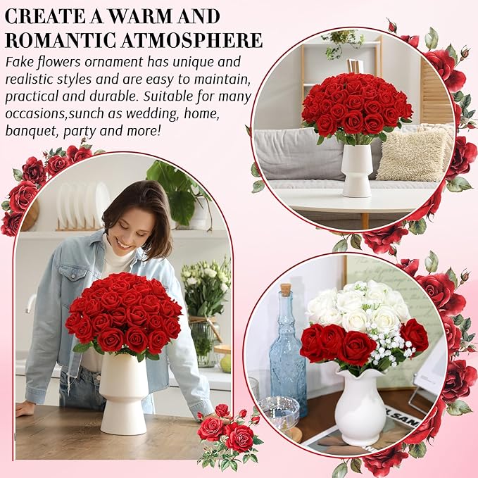 Roses Artificial Flowers, Fake Velvet Silk Roses in Bulk for Home Decor Indoor, Fake Roses Realistic Flowers with Stems for Wedding Centerpiece Party Decor (24, Red)
