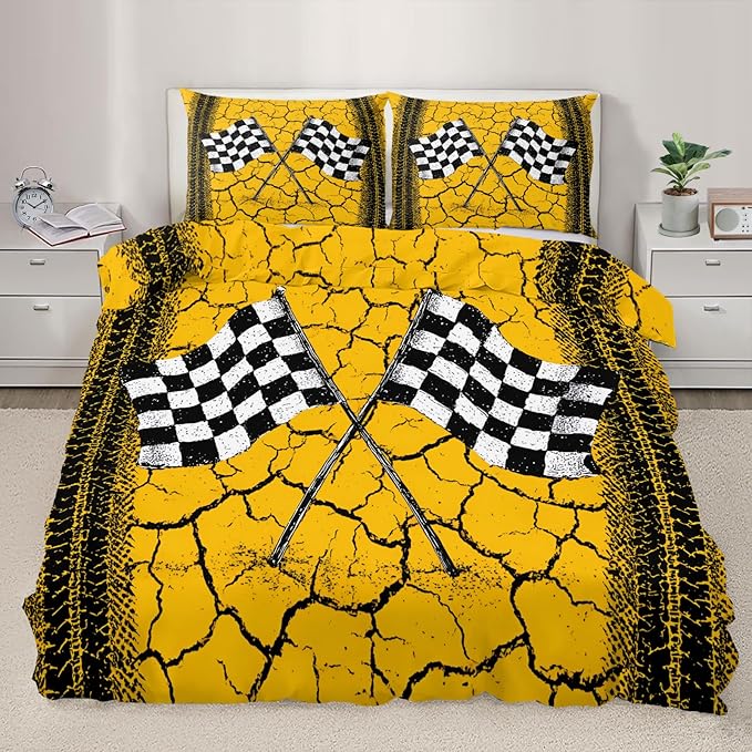 Race Flag Duvet Cover King Size Racing Checkered Flag Bedding Set Tire Track Comforter Set Sporty Race-Themed Comforter Cover with Zipper Ties for Bedroom