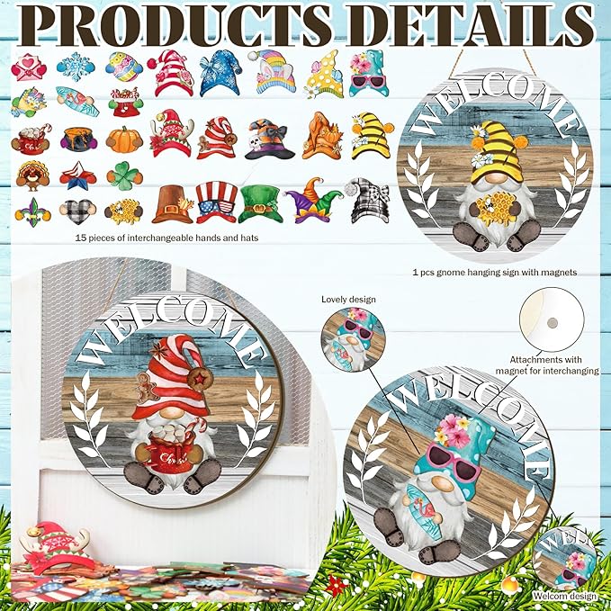 Qunclay Interchangeable Wooden Gnome Decor Holiday Seasonal Gnome Decorations with Magnet Pieces and Detachable Hats Changeable Welcome Sign for Home(Watercolor)
