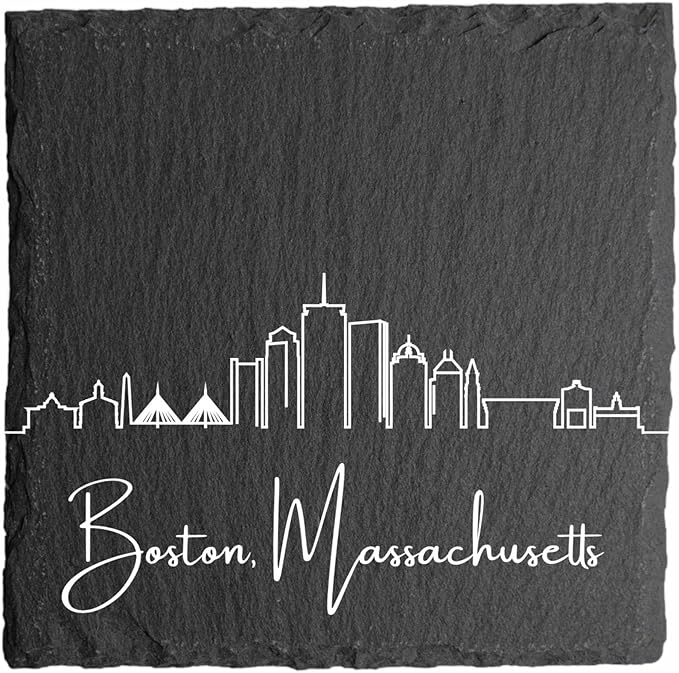 Blue Ridge Mountain Gifts - Boston MA Skyline Coasters, Set of 4 - Boston Massachusetts Souvenir, Slate Coasters with Minimalist Skyline, Housewarming Gift for Friends, Family, & Neighbors
