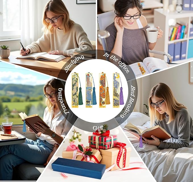4pcs Elegant Metal Bookmarks with Tassel, Oil Painting Theme Vintage Bookmarks mit Gift Box,Golden Hollow,Fancy Aesthetic Page Holder Thank You Gifts for Teacher Readers Women Men Friends