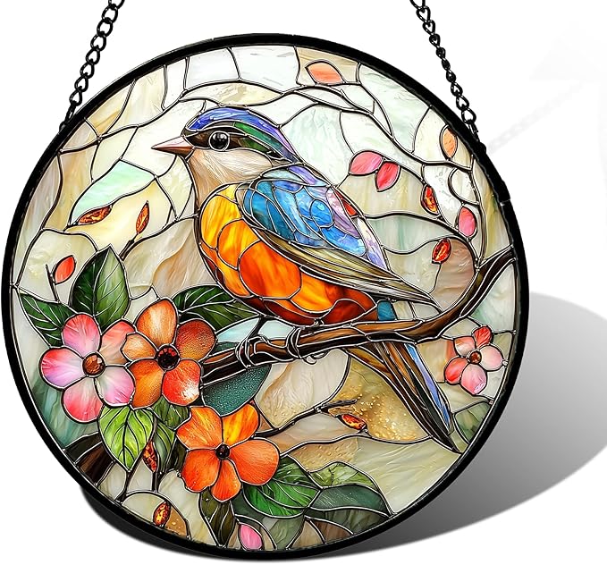 Stained Glass Window Hanging, Blue Bird Pink Flower Suncatcher Diamond Glass Panel Bird Sun Catchers Decor for Birthday for Women, Men, Wife, Aunt, and Mom 9.8 in