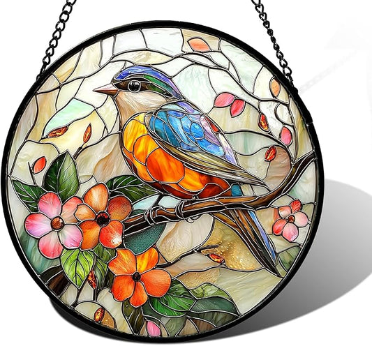 Stained Glass Window Hanging, Blue Bird Pink Flower Suncatcher Diamond Glass Panel Bird Sun Catchers Decor for Birthday for Women, Men, Wife, Aunt, and Mom 9.8 in