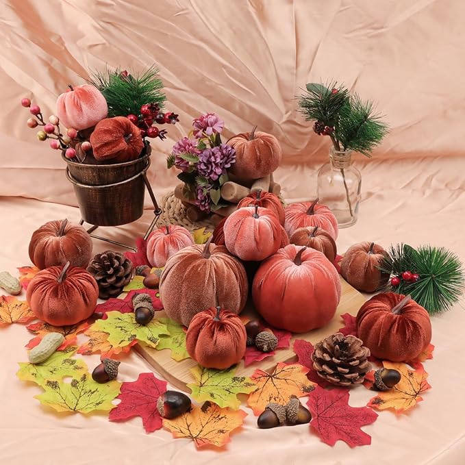 Woration 18pcs Fake Artificial Velvet Pumpkin Fall Decoration 3 Size Faux Foam Fabric Pumpkins Halloween Decor for Home Farmhouse Harvest Thanksgiving - Brown Series