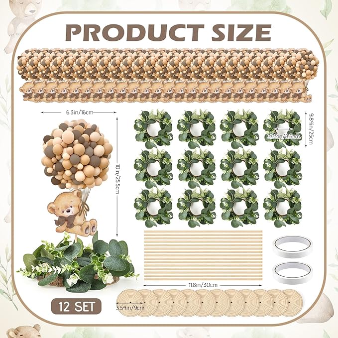 12 Set Baby Shower Bear Table Centerpieces Decortion Brown Bear with Eucalyptus Wreath Wood Slices Welcome Baby Table Topper for Gender Reveal Boy Or Girl Party Favor