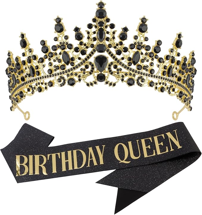 COCIDE Black Birthday Sash and Crown for Women - Crystal Tiaras Decorations for Girl,Glitter Rhinestone Gifts Headband Sashes Decor,Coronas for Queen,Happy Birthday Accessories Party Favors