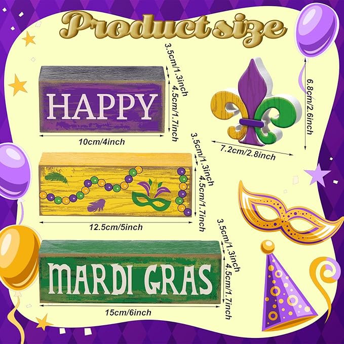 4 Pcs Mardi Gras Decorations Mardi Gras Wooden Sign Carnival Table Centerpiece Carnival Tiered Tray Decor Decorative Faux Book Stack Block for Masquerade Party Fireplace Mantel Shelf