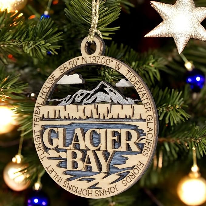 Glacier Bay National Park Scene showcasing Glacier Bay's Tidewater Glaciers & Fjords - 2-Layer Wood Ornament, 3" Round, Laser Cut, Made in USA