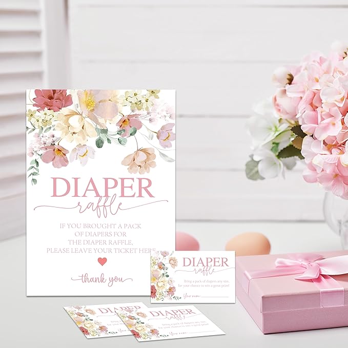 Floral Baby Shower Diaper Raffle Game Set - Watercolor Flowers 1 Standing Sign & 50 Diaper Raffel Tickets - Baby Announcement, Gender Reveal Party Activities & Decorations for Boys, Girls - A02