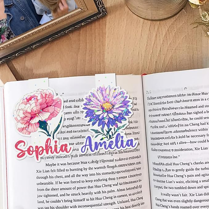 callie Personalized Birth Flower Magnetic Bookmarks - Custom Name Waterproof Glitter Magnet Book Page Markers, Birthday Reading Gifts for Women Students Teachers Book Lovers